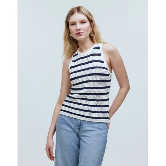 Madewell Crochet-Knit Crewneck Sweater Tank in Bright Ivory Stripe - Picture 1 of 10